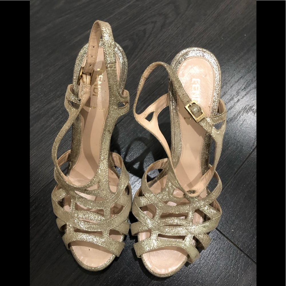 GOLD METALLIC LEATHER FENDI STRAPPY HEELS 39 8.5